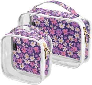 2 Pack Portable Travel Clear Cosmetic Toiletry Bags with Double Zippers for Men Women, Modern-floral-pattern Waterproof Storage Carry Pouch with Handle, Tote Bags for Bathroom Traveling Vacation Orga