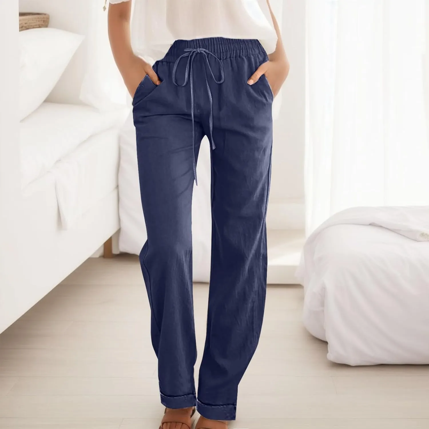 2025 Womens Casual Cotton Linen Pants Lightweight Summer Slim Fit High Elastic Waist Solid Lounge Long Trousers