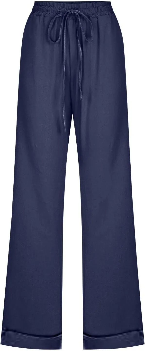 2025 Womens Casual Cotton Linen Pants Lightweight Summer Slim Fit High Elastic Waist Solid Lounge Long Trousers