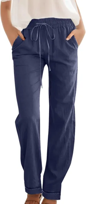 2025 Womens Casual Cotton Linen Pants Lightweight Summer Slim Fit High Elastic Waist Solid Lounge Long Trousers