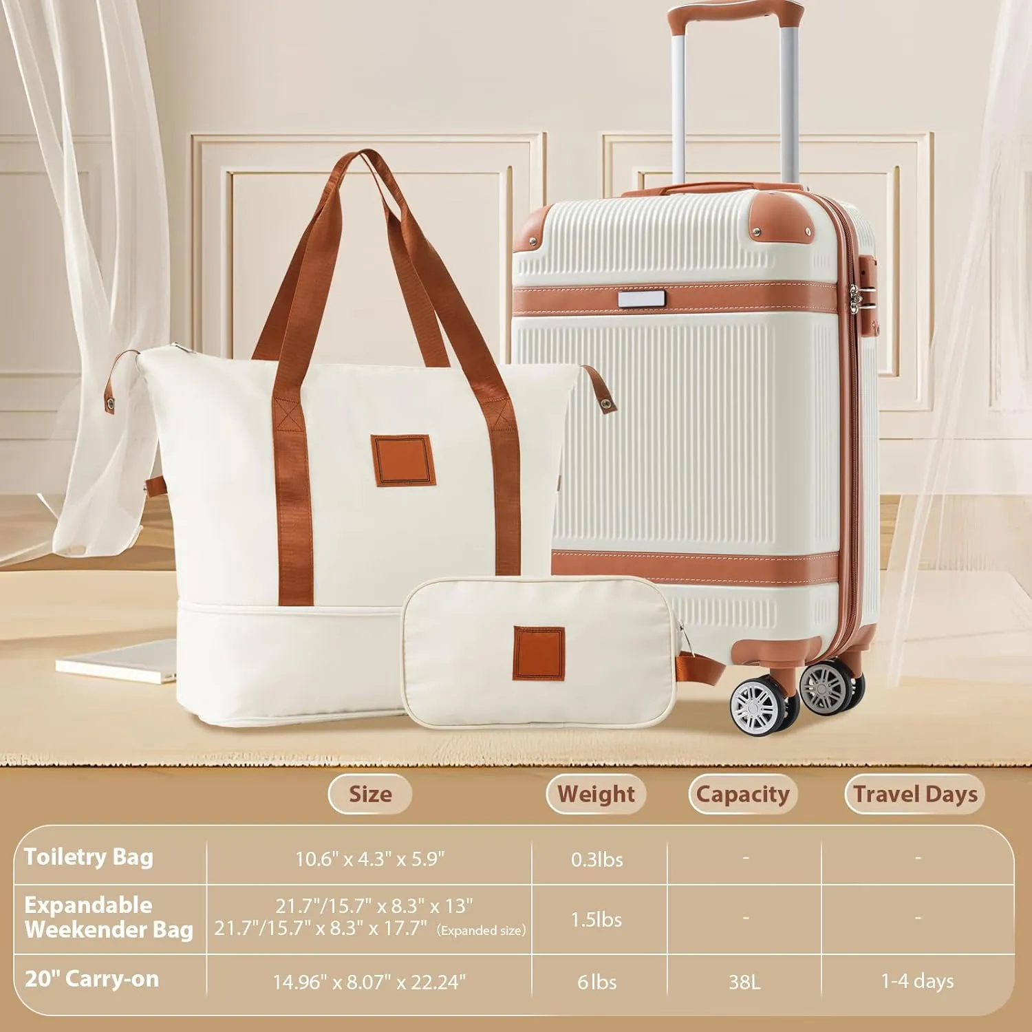 20" Modern Design 3 Piece caryy-on luggage with wheels ABS luggage Carry On Suitcase Trolley Case Lightweight TSA-approved Carry-on White