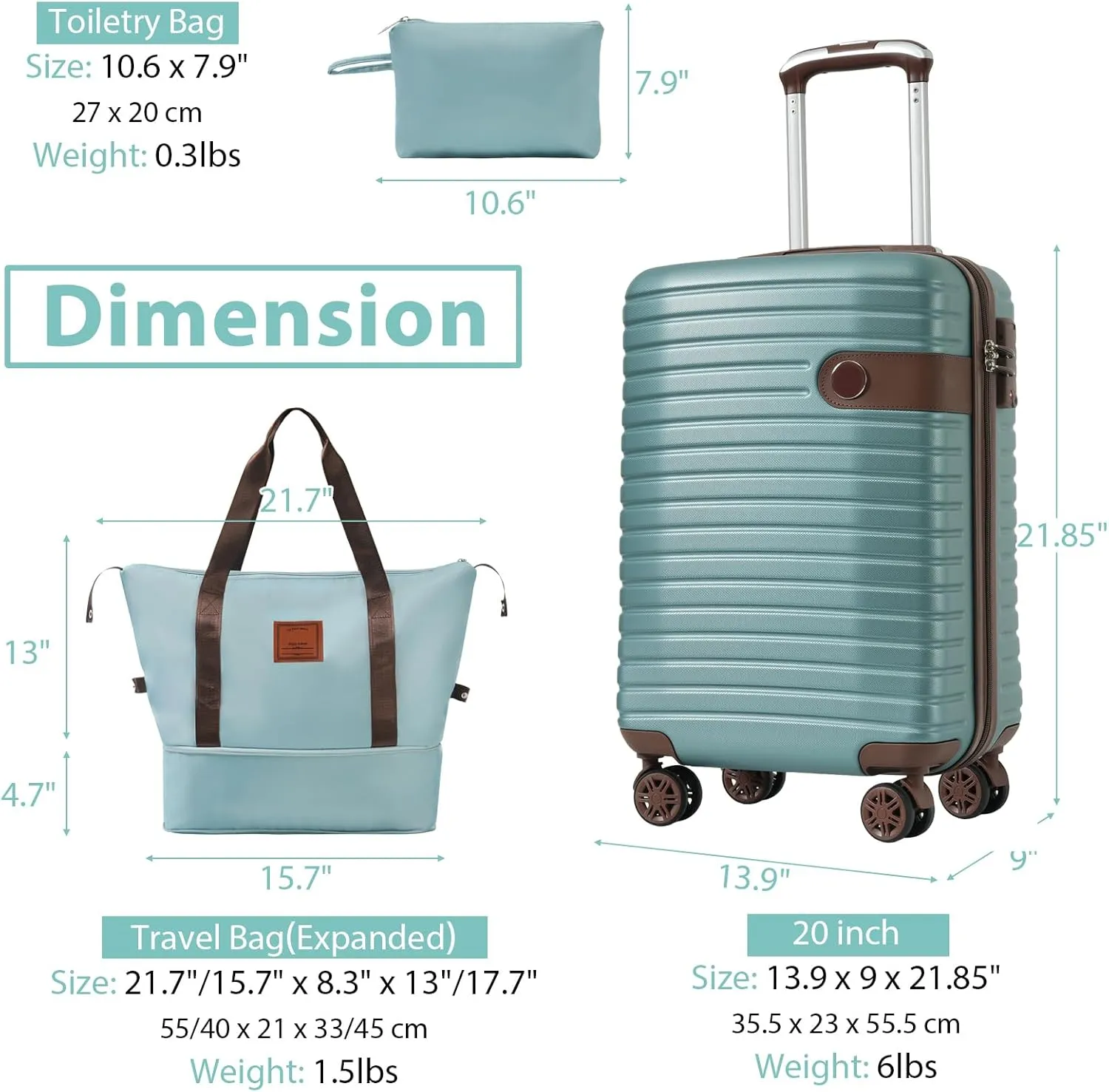 20" Modern Design Luggage Sets 3 Piece Travel Bag Toiletry Bag Caryy-on Luggage With Wheels ABS Carry On Suitcase Trolley Case Lightweight Bule