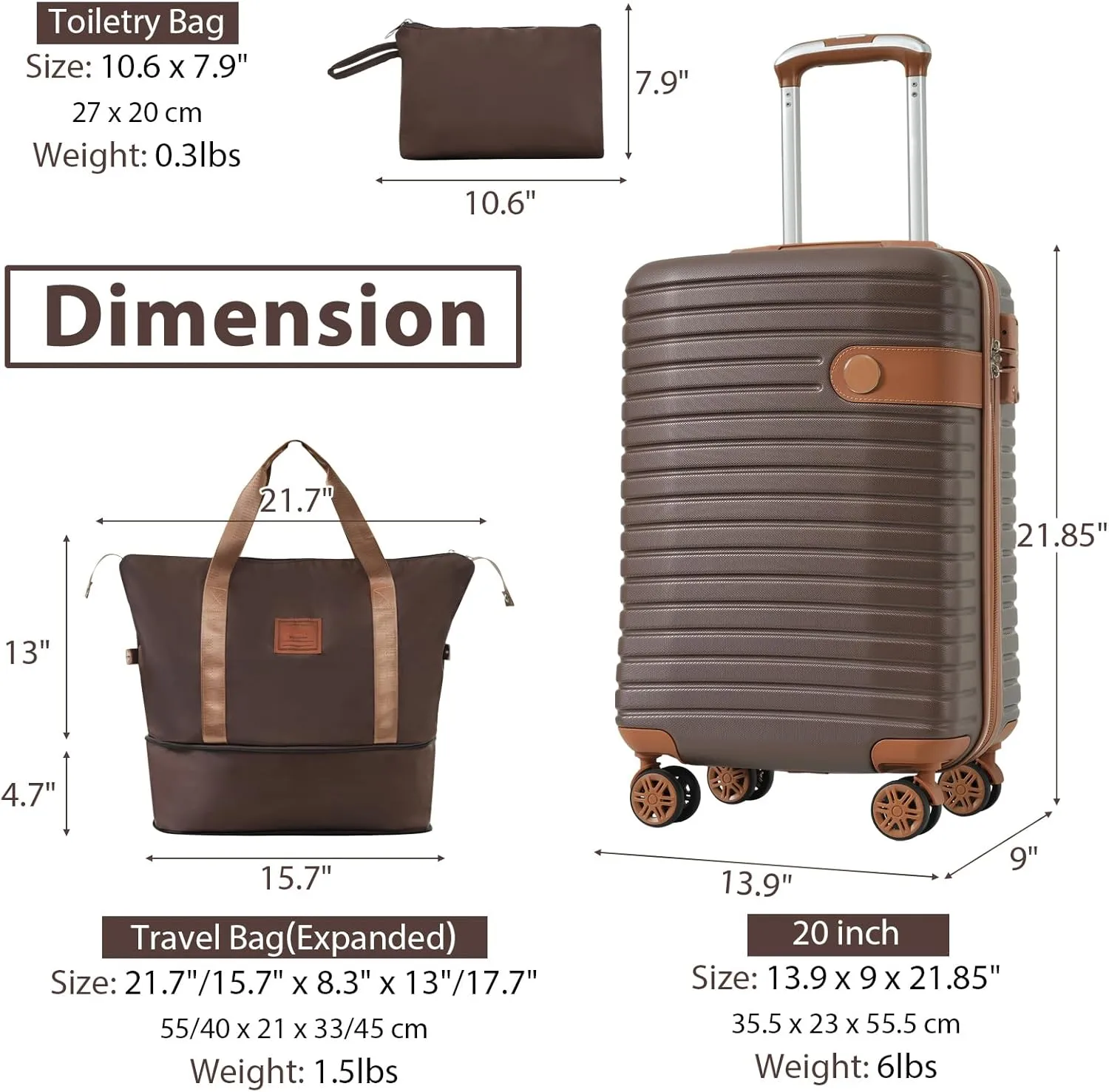 20" Modern Design Travel Duffel Bag Toiletry Bag 3 Piece Caryy-on Luggage With Wheels ABS Luggage Carry On Suitcase Trolley Case Lightweight Brown