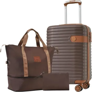 20" Modern Design Travel Duffel Bag Toiletry Bag 3 Piece Caryy-on Luggage With Wheels ABS Luggage Carry On Suitcase Trolley Case Lightweight Brown