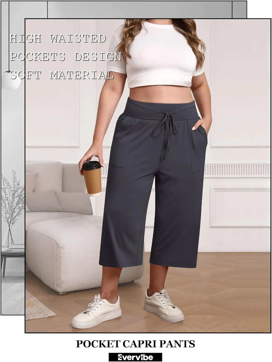3 Pack Women's Plus Size Capri Pants, Cotton Drawstring Capris Sweatpants Casual Summer Cropped Pants with Pockets