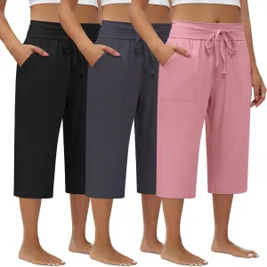 3 Pack Women's Plus Size Capri Pants, Cotton Drawstring Capris Sweatpants Casual Summer Cropped Pants with Pockets