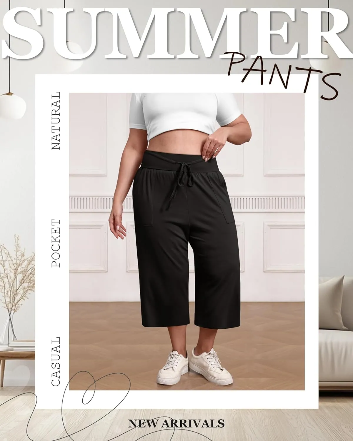 3 Pack Women's Plus Size Capri Pants, Cotton Drawstring Capris Sweatpants Casual Summer Cropped Pants with Pockets