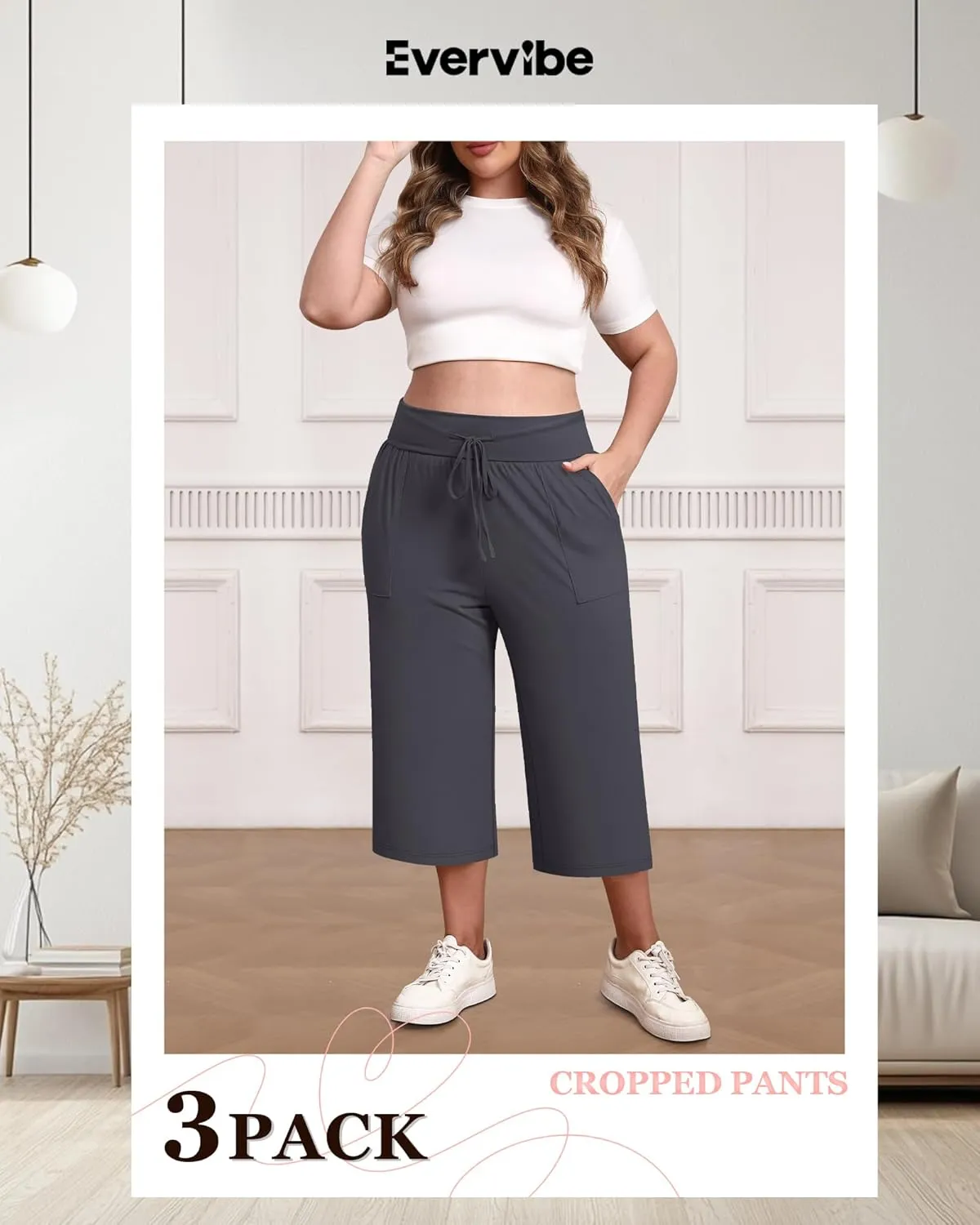 3 Pack Women's Plus Size Capri Pants, Cotton Drawstring Capris Sweatpants Casual Summer Cropped Pants with Pockets