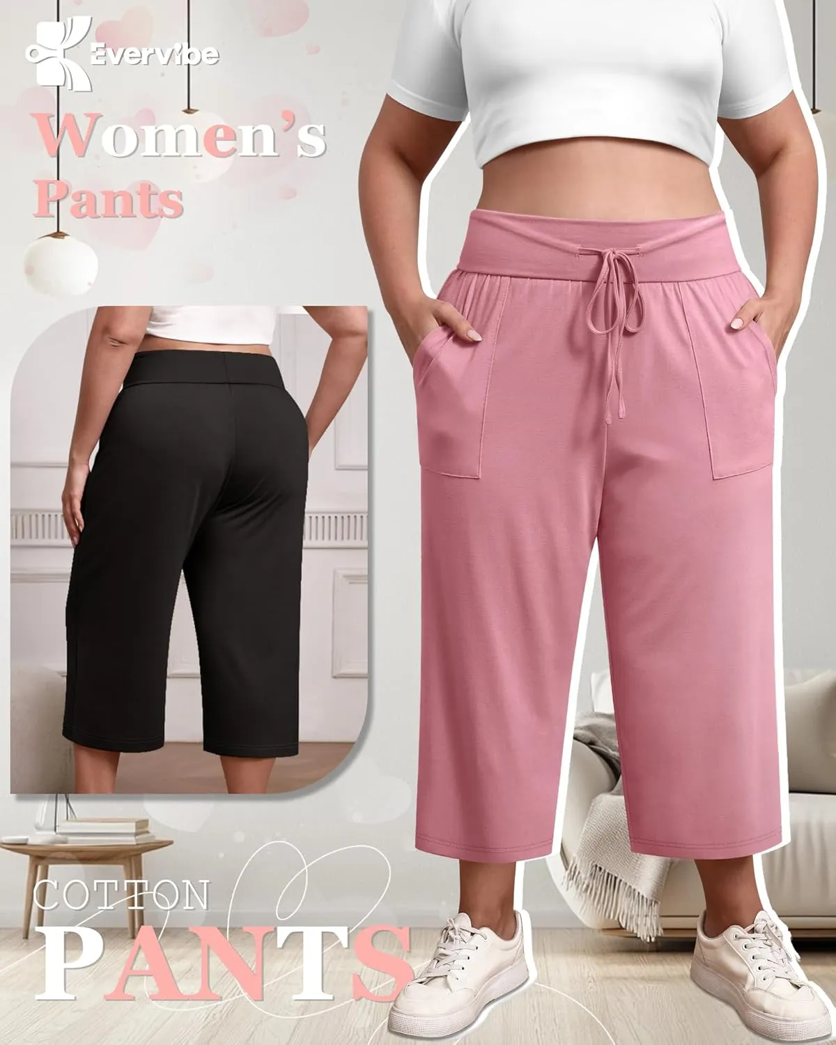 3 Pack Women's Plus Size Capri Pants, Cotton Drawstring Capris Sweatpants Casual Summer Cropped Pants with Pockets