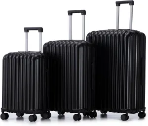 3-Piece Hardshell Carry On Luggage Set, ABS Spinner Suitcases With Wheels, 20/24/28 Inch, Black, Smart Features with USB Port & Cup Holder