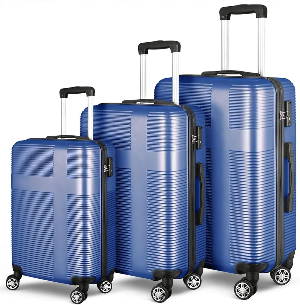 3 Piece Luggage, Modern Lightweight Suitcase with Hooks and Spinner Wheels Cross Stripe Luggage Sets with Password Lock and Telescopic Rod for Business Travel Domestic Foreign Travel,Blue