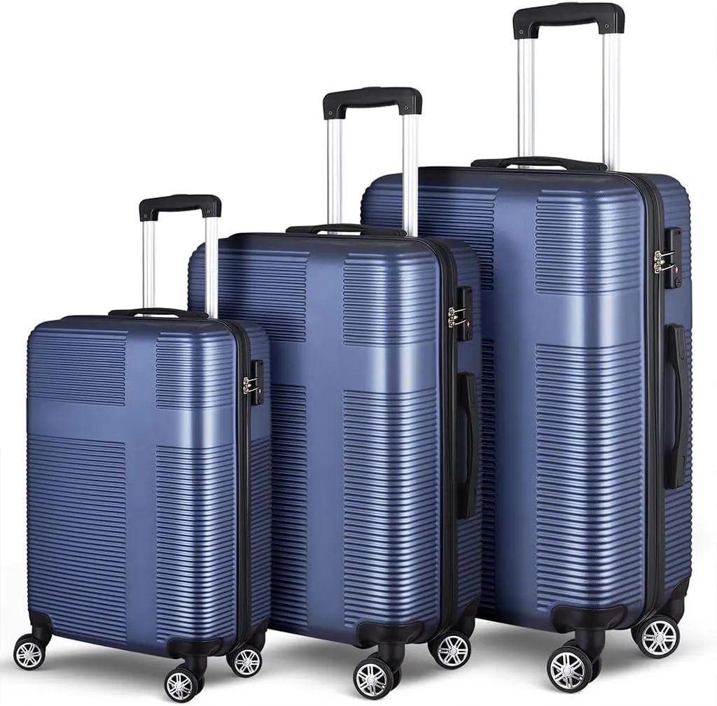 3 Piece Luggage, Modern Lightweight Suitcase with Hooks and Spinner Wheels Cross Stripe Luggage Sets with Password Lock and Telescopic Rod for Business Travel Domestic Foreign Travel,Dark blue