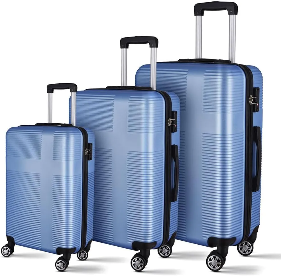 3 Piece Luggage, Modern Lightweight Suitcase with Hooks and Spinner Wheels Cross Stripe Luggage Sets with Password Lock and Telescopic Rod for Business Travel Domestic Foreign Travel,Light blu