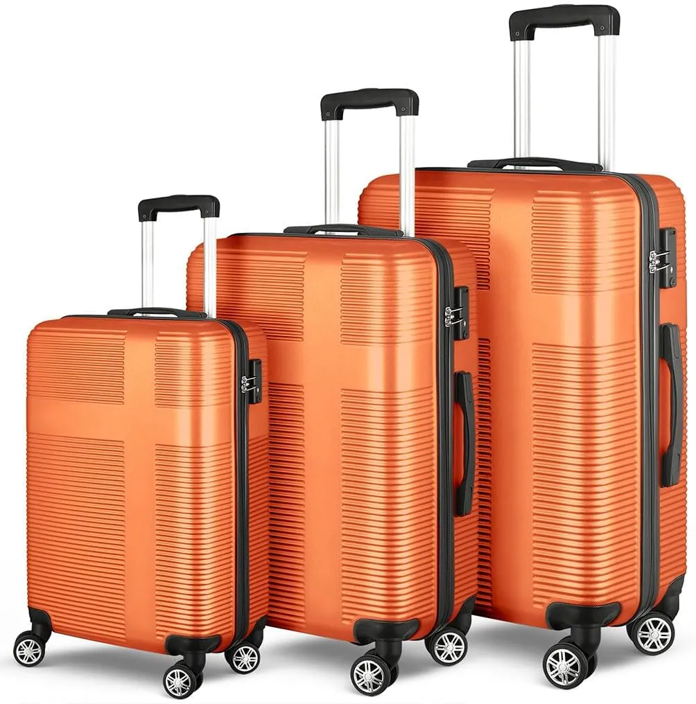 3 Piece Luggage, Modern Lightweight Suitcase with Hooks and Spinner Wheels Cross Stripe Luggage Sets with Password Lock and Telescopic Rod for Business Travel Domestic Foreign Travel,Orange