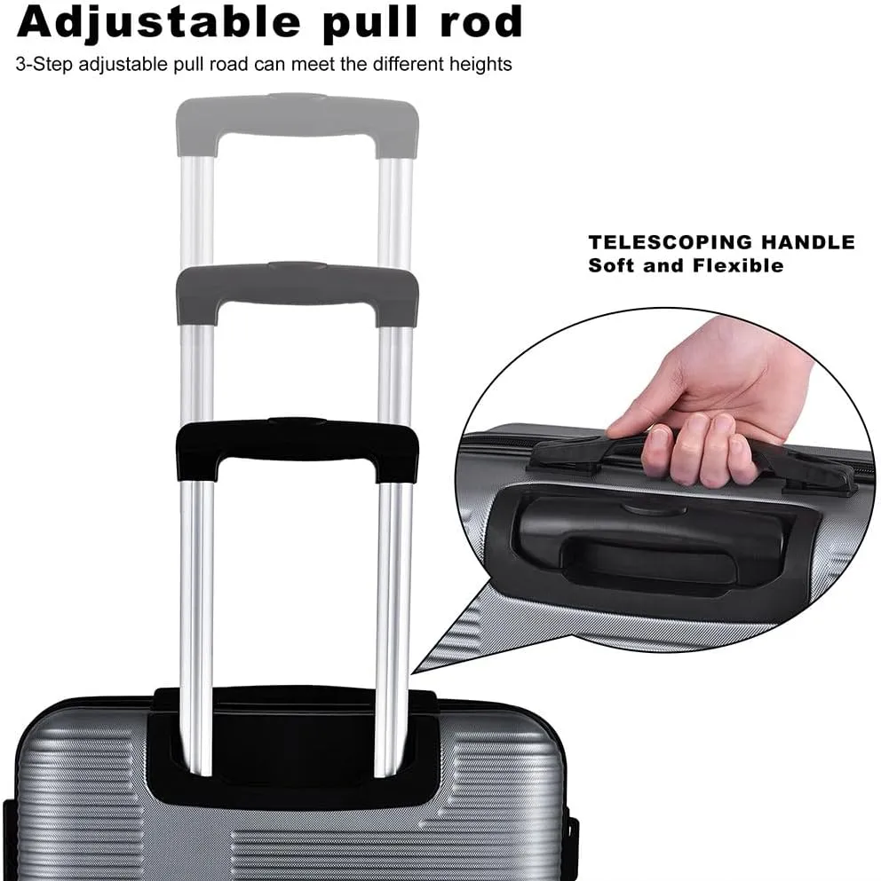 3 Piece Luggage, Modern Lightweight Suitcase with Hooks and Spinner Wheels Cross Stripe Luggage Sets with Password Lock and Telescopic Rod for Business Travel Domestic Foreign Travel,Silver gr