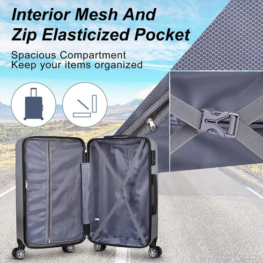 3 Piece Luggage, Modern Lightweight Suitcase with Hooks and Spinner Wheels Cross Stripe Luggage Sets with Password Lock and Telescopic Rod for Business Travel Domestic Foreign Travel,Silver gr