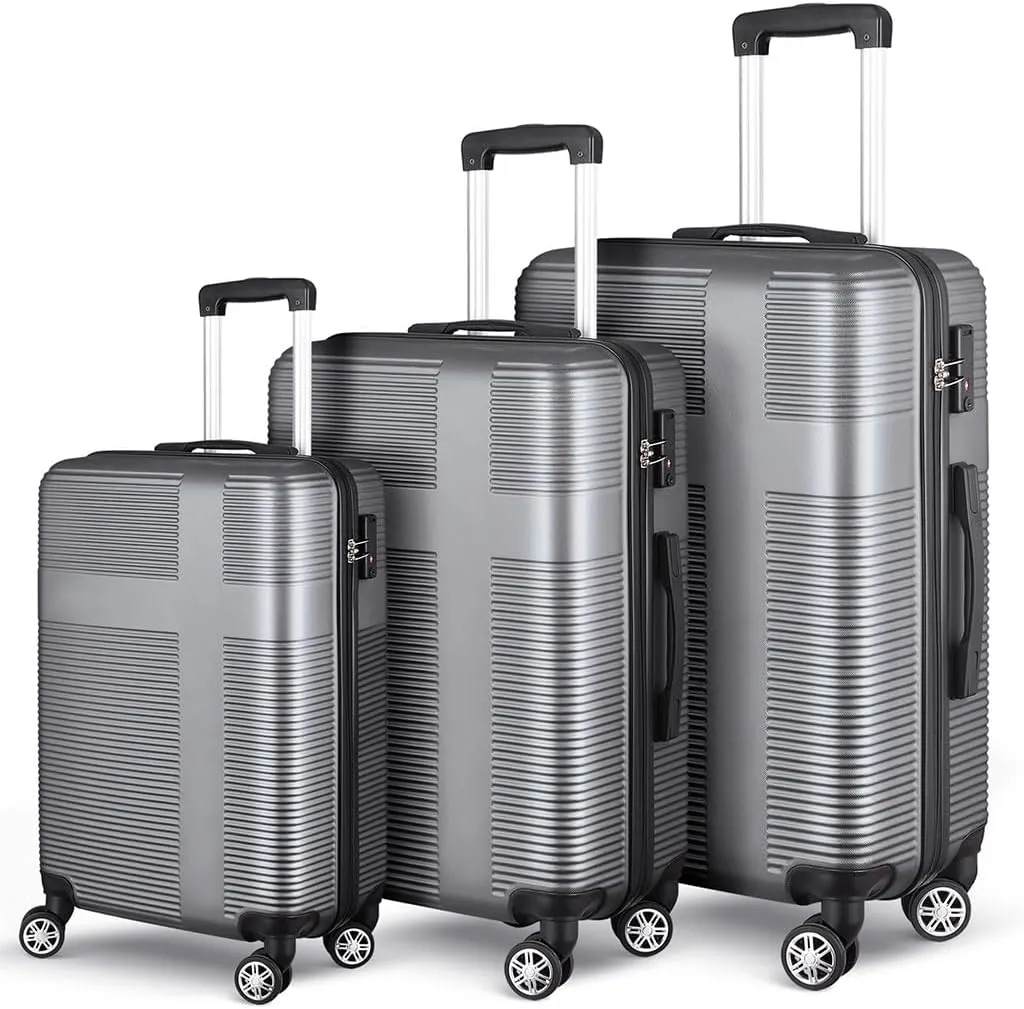 3 Piece Luggage, Modern Lightweight Suitcase with Hooks and Spinner Wheels Cross Stripe Luggage Sets with Password Lock and Telescopic Rod for Business Travel Domestic Foreign Travel,Silver gr