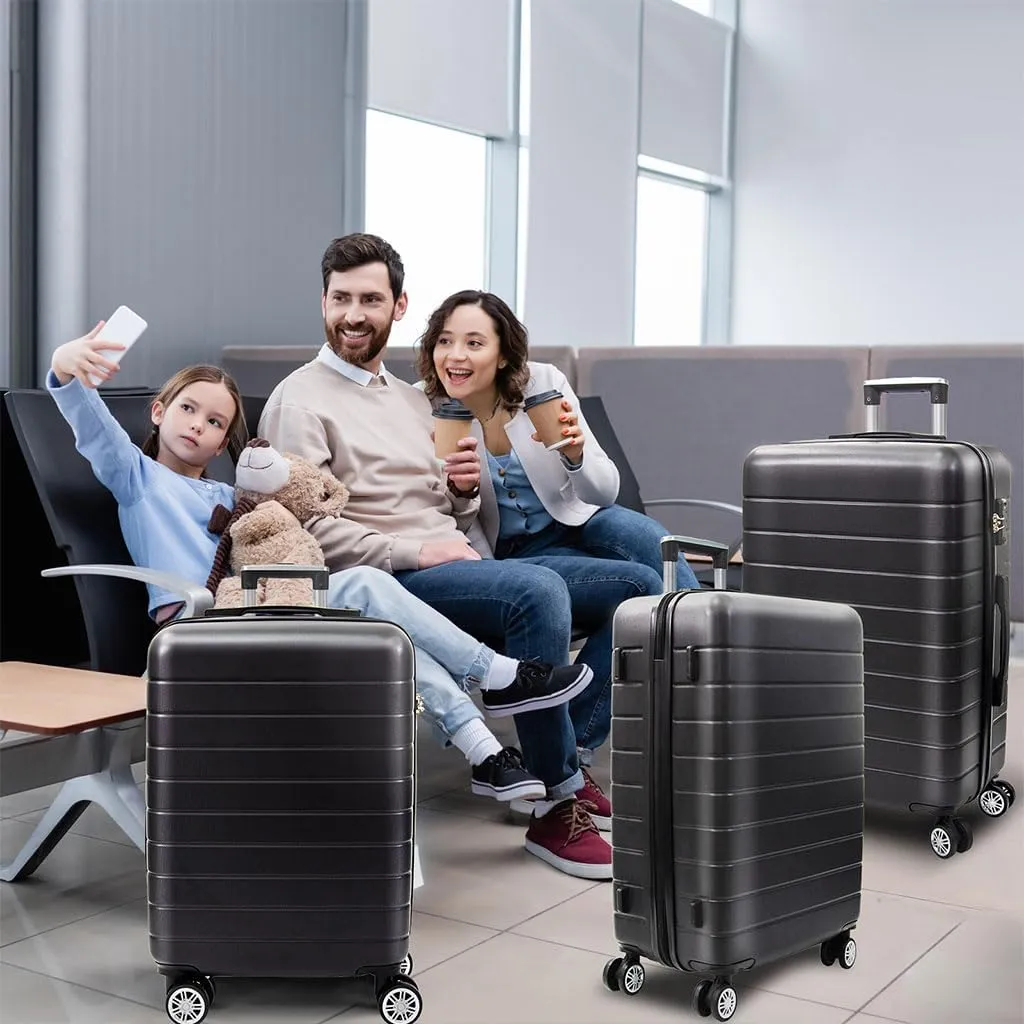 3 Piece Luggage, Modern Lightweight Suitcase with Hooks and Spinner Wheels Hard Shell Carry On Luggage with Password Lock and Telescopic Rod for Business Travel Domestic Foreign Travel,Black