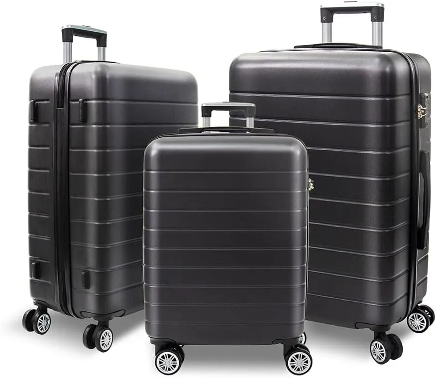 3 Piece Luggage, Modern Lightweight Suitcase with Hooks and Spinner Wheels Hard Shell Carry On Luggage with Password Lock and Telescopic Rod for Business Travel Domestic Foreign Travel,Black