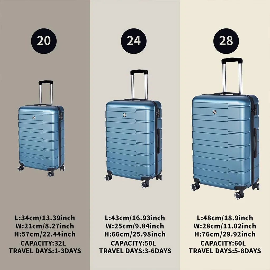 3 Piece Luggage, Modern Lightweight Suitcase with Hooks and Spinner Wheels Hard Side Carry On Luggage with Password Lock and Telescopic Rod for Business Travel Domestic Foreign Travel,Cyan