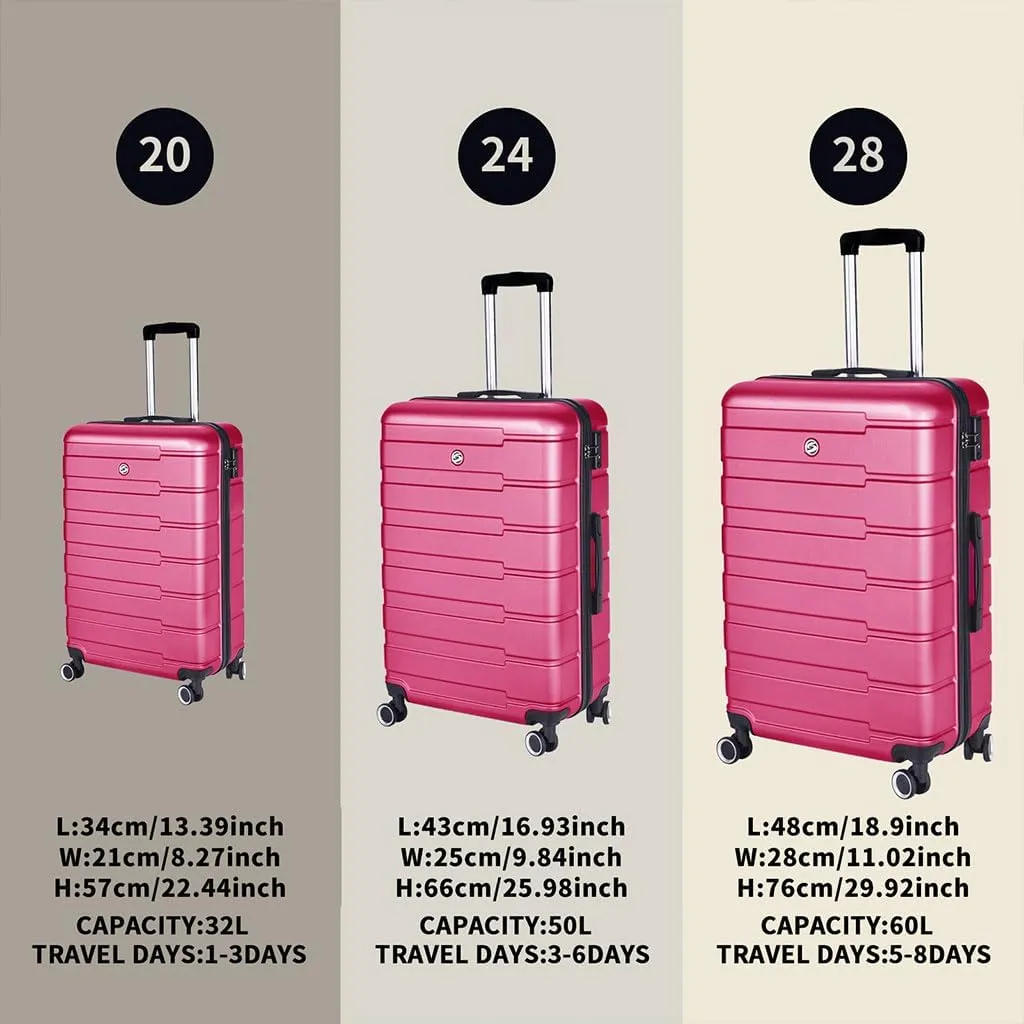 3 Piece Luggage, Modern Lightweight Suitcase with Hooks and Spinner Wheels Hard Side Carry On Luggage with Password Lock and Telescopic Rod for Business Travel Domestic Foreign Travel,Rose red