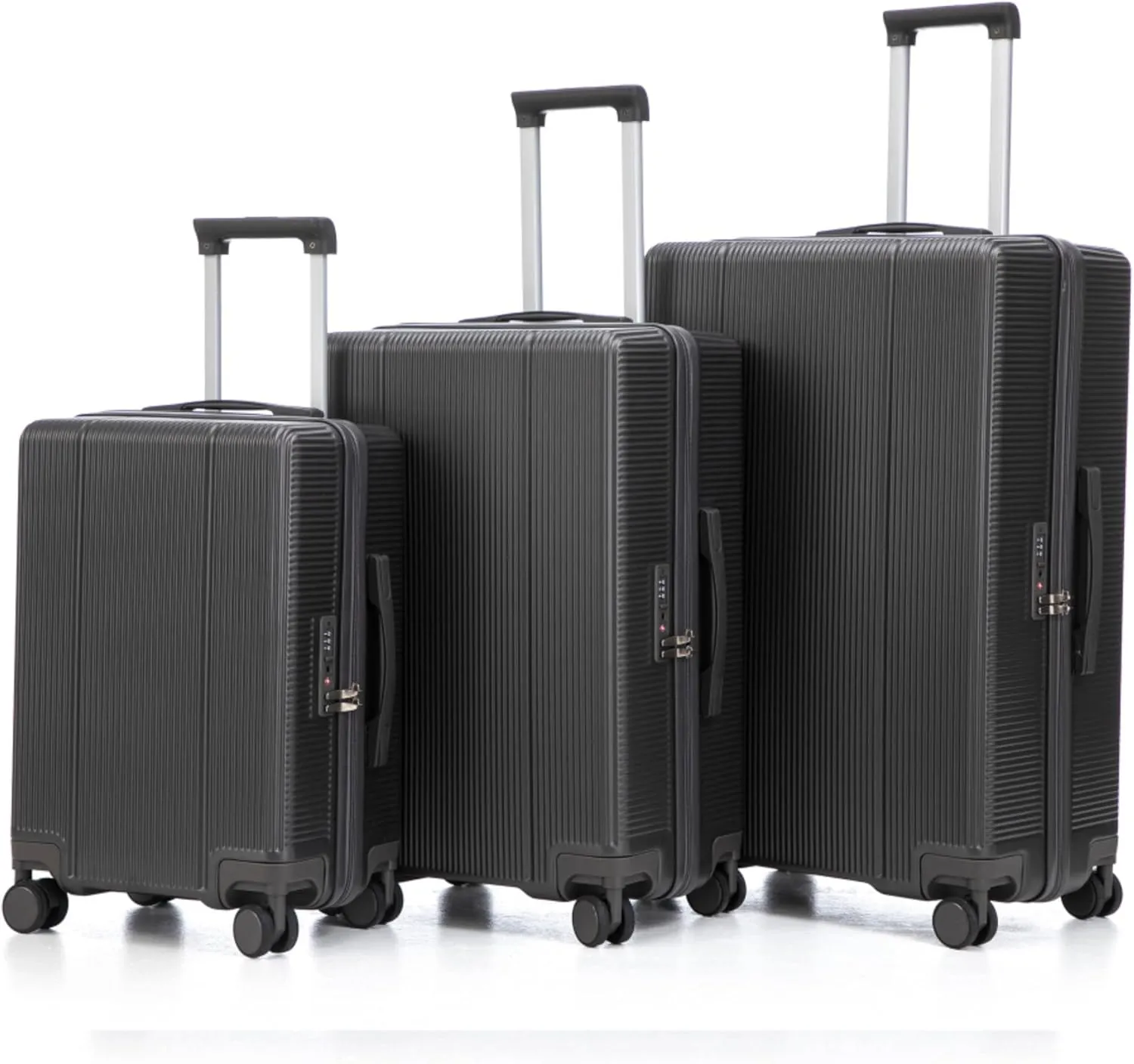 3-Piece Set of Spinner Wheel Luggage for Carry-On, with TSA Combination Lock Full-Capacity Interior, Retractable Handle, and Modern Vertical Stripe Design (Dark Gray)