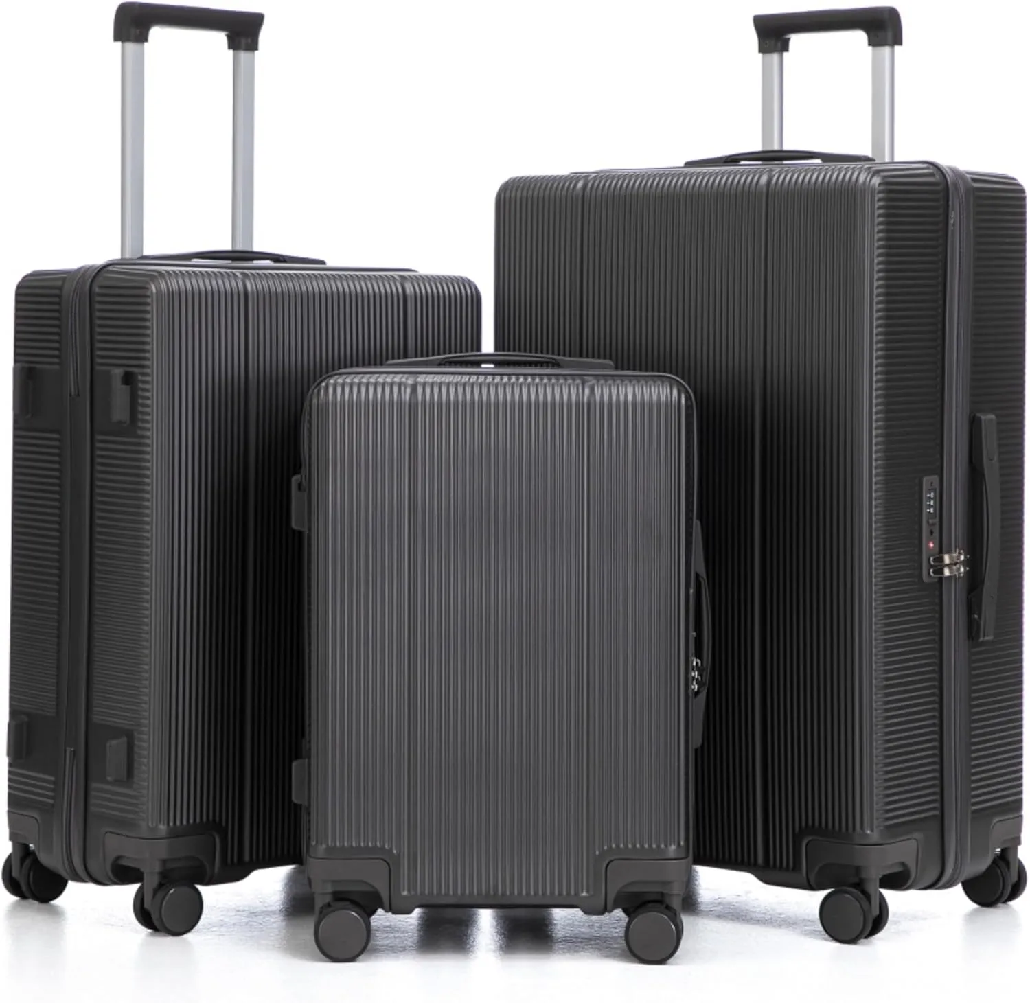 3-Piece Set of Spinner Wheel Luggage for Carry-On, with TSA Combination Lock Full-Capacity Interior, Retractable Handle, and Modern Vertical Stripe Design (Dark Gray)