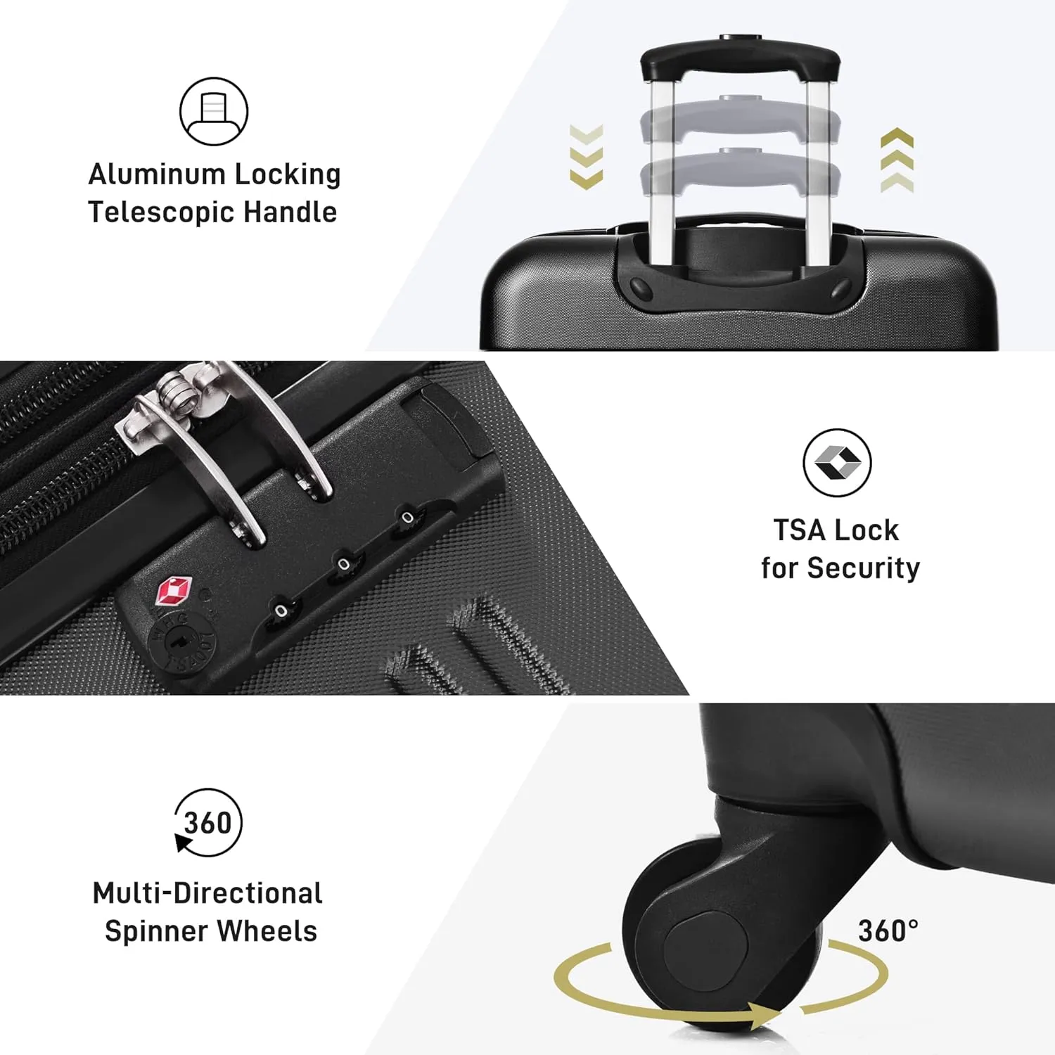 3 Pieces Expandable Modern Luggage Set, ABS Hardside Suitcase with TSA Lock, 360 Spinner Wheels, Black, (20/24/28) Inch