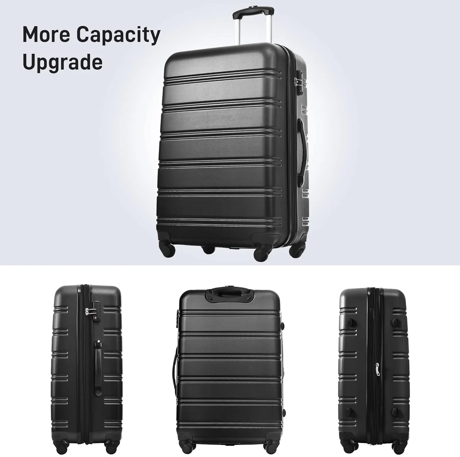 3 Pieces Expandable Modern Luggage Set, ABS Hardside Suitcase with TSA Lock, 360 Spinner Wheels, Black, (20/24/28) Inch