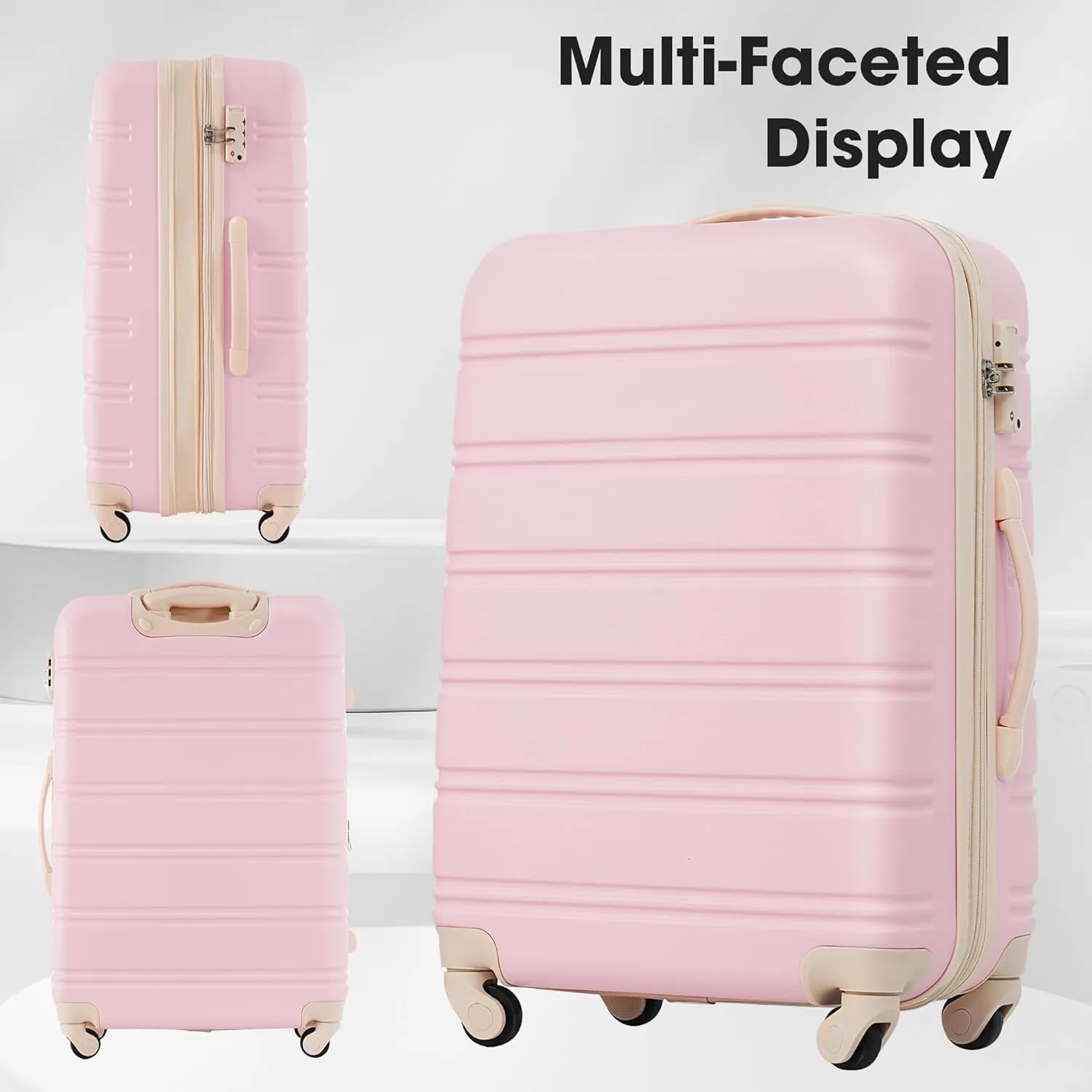 3 Pieces Expandable Modern Luggage Set, ABS Hardside Suitcase with TSA Lock, 360 Spinner Wheels, Light Pink, (20/24/28) Inch