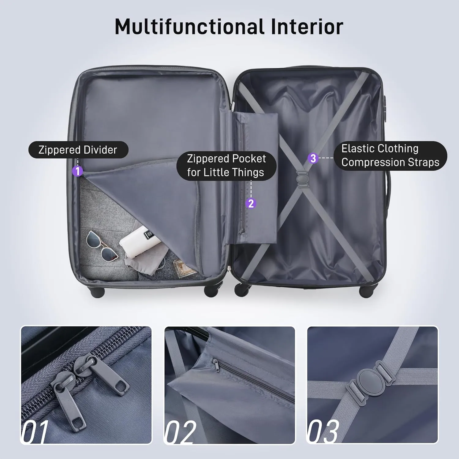 3 Pieces Expandable Modern Luggage Set, ABS Hardside Suitcase with TSA Lock, 360 Spinner Wheels, Purple, (20/24/28) Inch