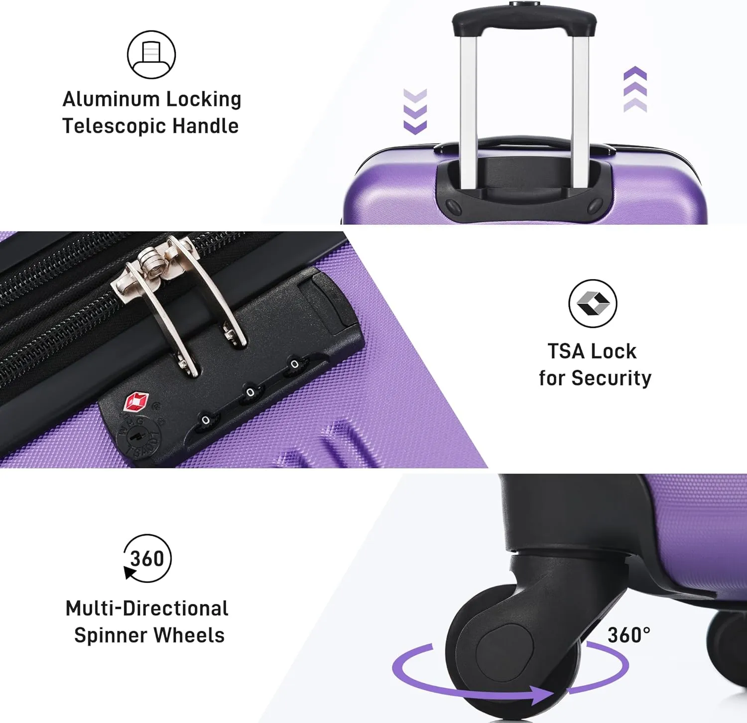 3 Pieces Expandable Modern Luggage Set, ABS Hardside Suitcase with TSA Lock, 360 Spinner Wheels, Purple, (20/24/28) Inch