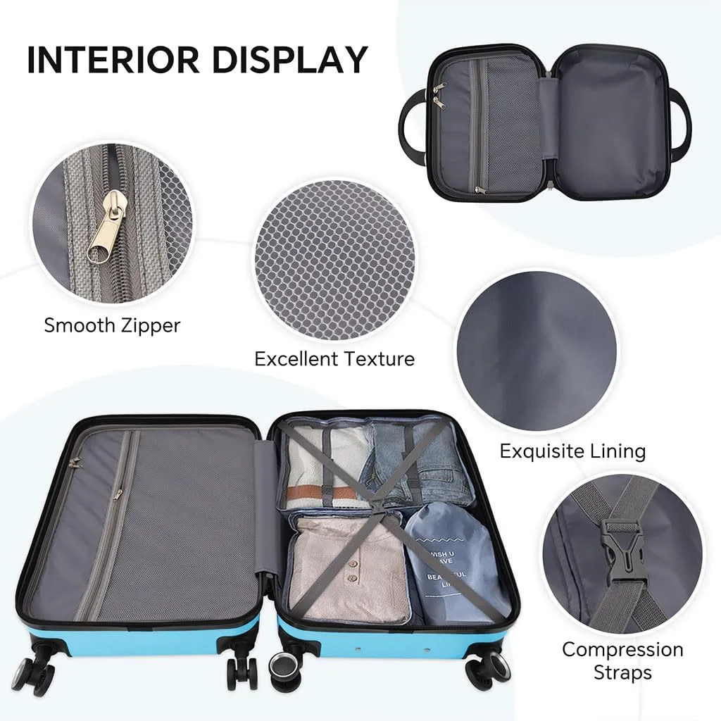 4 Piece Luggage, Modern Lightweight Suitcase with Hooks and Spinner Wheels Hard Side Carry On Luggage with Password Lock and Telescopic Rod for Business Travel Domestic Foreign Travel,Aqua blu