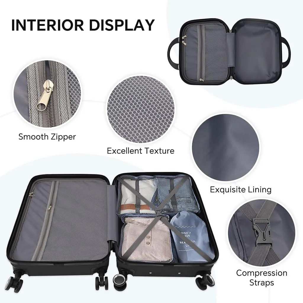 4 Piece Luggage, Modern Lightweight Suitcase with Hooks and Spinner Wheels Hard Side Carry On Luggage with Password Lock and Telescopic Rod for Business Travel Domestic Foreign Travel,Blcak