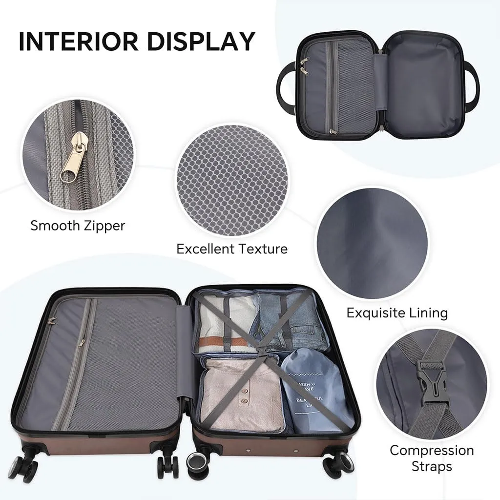 4 Piece Luggage, Modern Lightweight Suitcase with Hooks and Spinner Wheels Hard Side Carry On Luggage with Password Lock and Telescopic Rod for Business Travel Domestic Foreign Travel,Brown