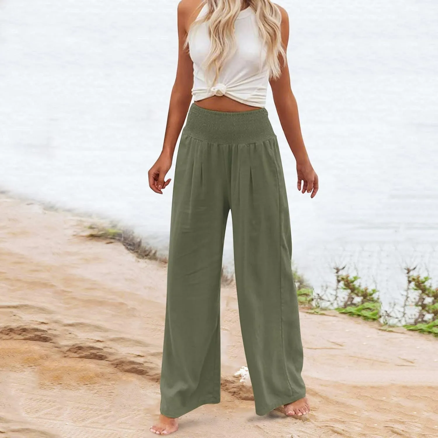 4th of July Wide Leg Pants for Women Patriotic Elastic Waist Independence Day Red White and Blue Pants with Pockets