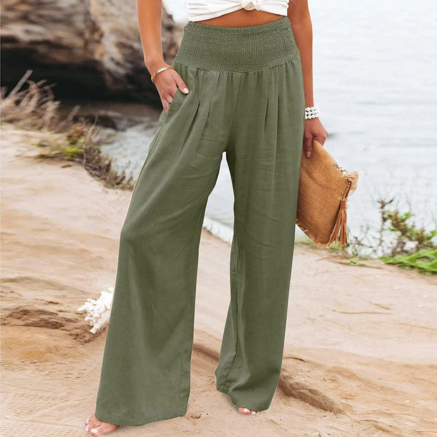 4th of July Wide Leg Pants for Women Patriotic Elastic Waist Independence Day Red White and Blue Pants with Pockets