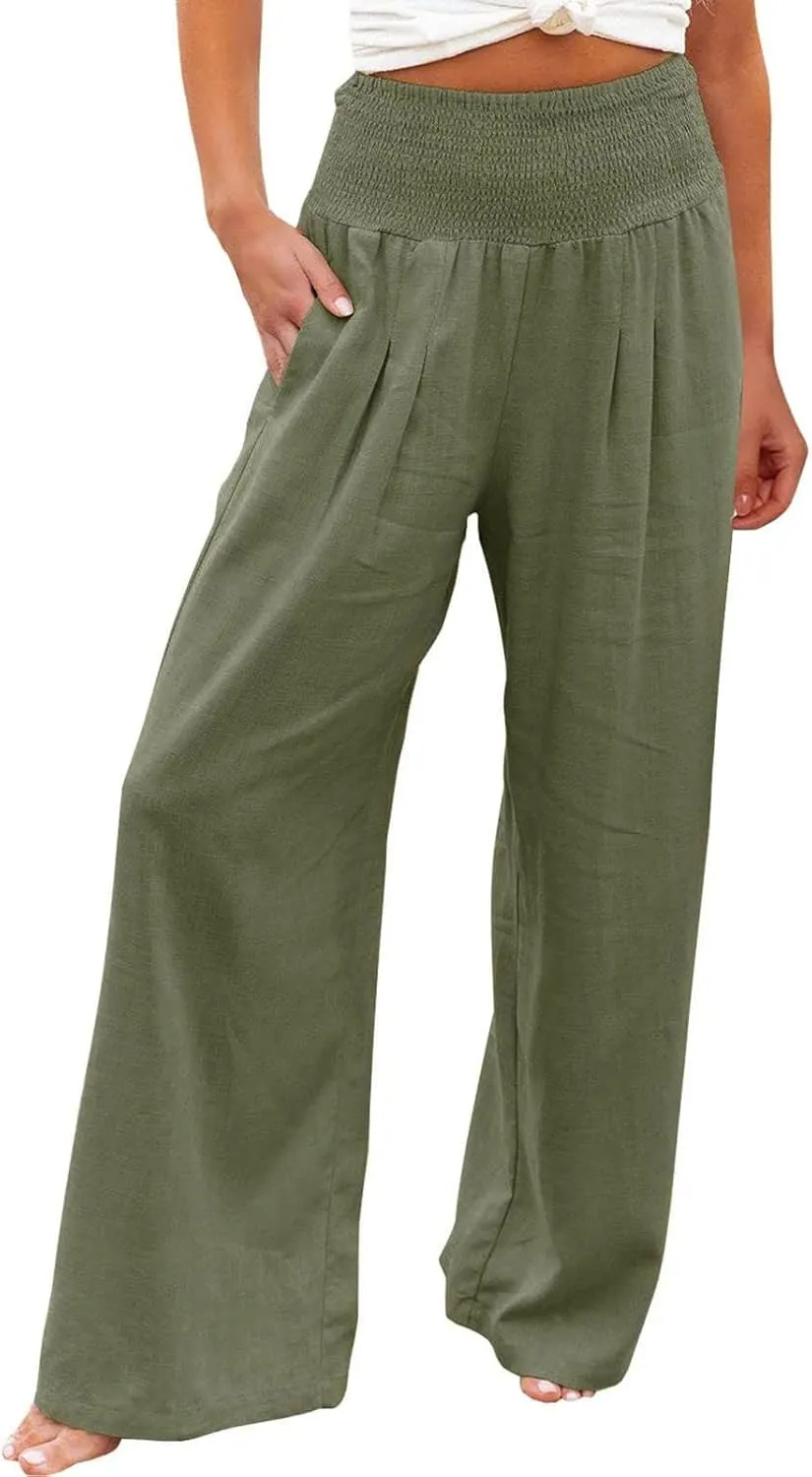 4th of July Wide Leg Pants for Women Patriotic Elastic Waist Independence Day Red White and Blue Pants with Pockets