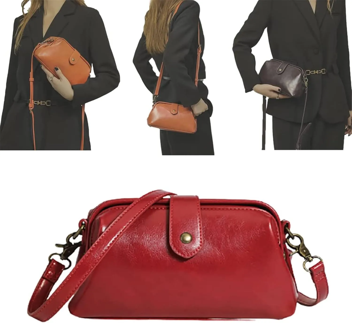 AAXX Retro Handmade Bag, Premium Leather Doctor Bag Crossbody, Unique Opening Women Shoulder Purses Commuter Bag (Wine Red)