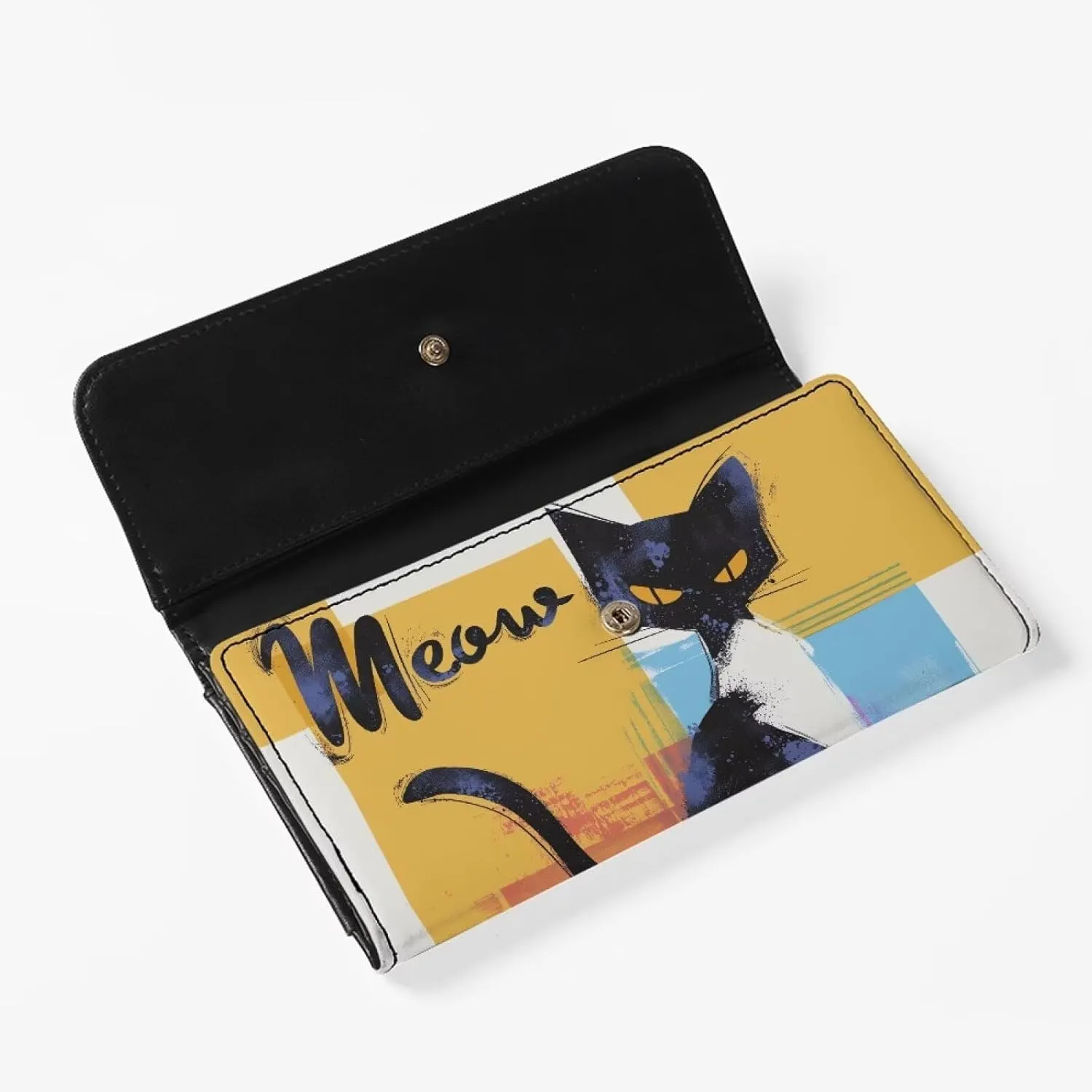 Abstract Paint Meow Cat Wallet for Women Color Painting Kitty Cat Print PU Leather Long Billfold Slim Credit Card Case, Modern Color Block Money Organizer with ID Windows