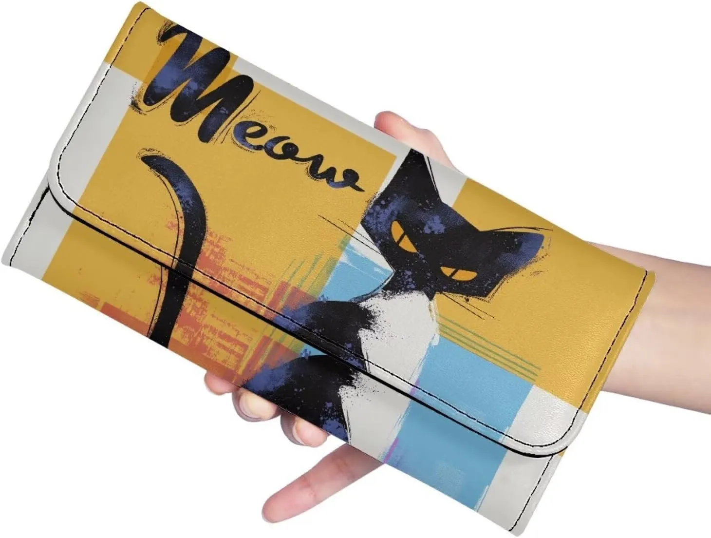 Abstract Paint Meow Cat Wallet for Women Color Painting Kitty Cat Print PU Leather Long Billfold Slim Credit Card Case, Modern Color Block Money Organizer with ID Windows