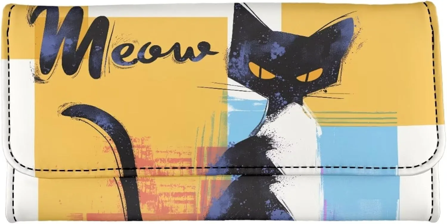 Abstract Paint Meow Cat Wallet for Women Color Painting Kitty Cat Print PU Leather Long Billfold Slim Credit Card Case, Modern Color Block Money Organizer with ID Windows