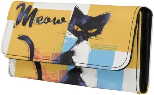 Abstract Paint Meow Cat Wallet for Women Color Painting Kitty Cat Print PU Leather Long Billfold Slim Credit Card Case, Modern Color Block Money Organizer with ID Windows