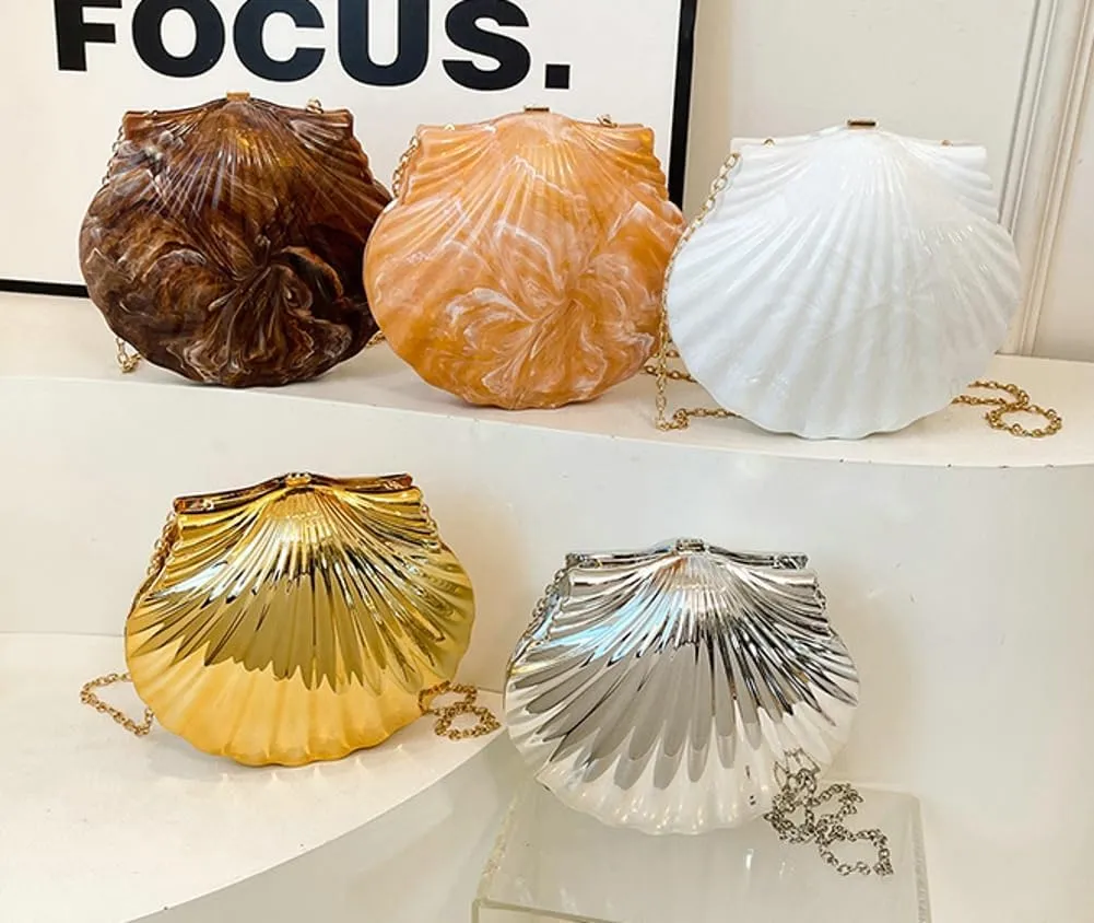Acrylic Shell Shaped Clutch Women 2025 Trendy Luxury Marble Evening Handbag Unique Chain Shoulder Bag Wedding Party