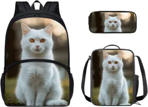 Agoviwo British Shorthair Cat Print Backpack for School Girls 8-10 Yerars Unique Bookbag with Lunch Bag and Pen Bag