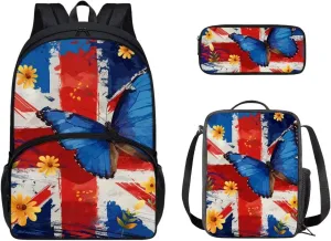 Agoviwo Butterfly Graphic Backpack for School Lightweight Backpack Bookbag Set with Insulated Lunch Bag and Unique Pen Bag