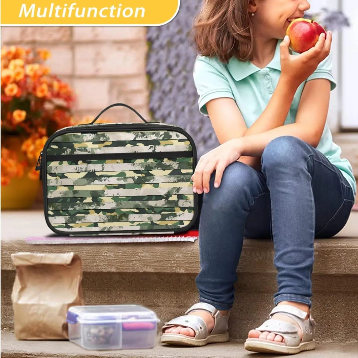 Agoviwo Camo Graphic Girls Backpack with Lunch Box Casual Bookbag Unique Backpack Set for Grades 1-3