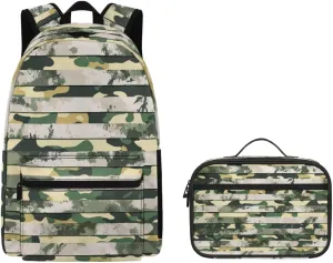 Agoviwo Camo Graphic Girls Backpack with Lunch Box Casual Bookbag Unique Backpack Set for Grades 1-3