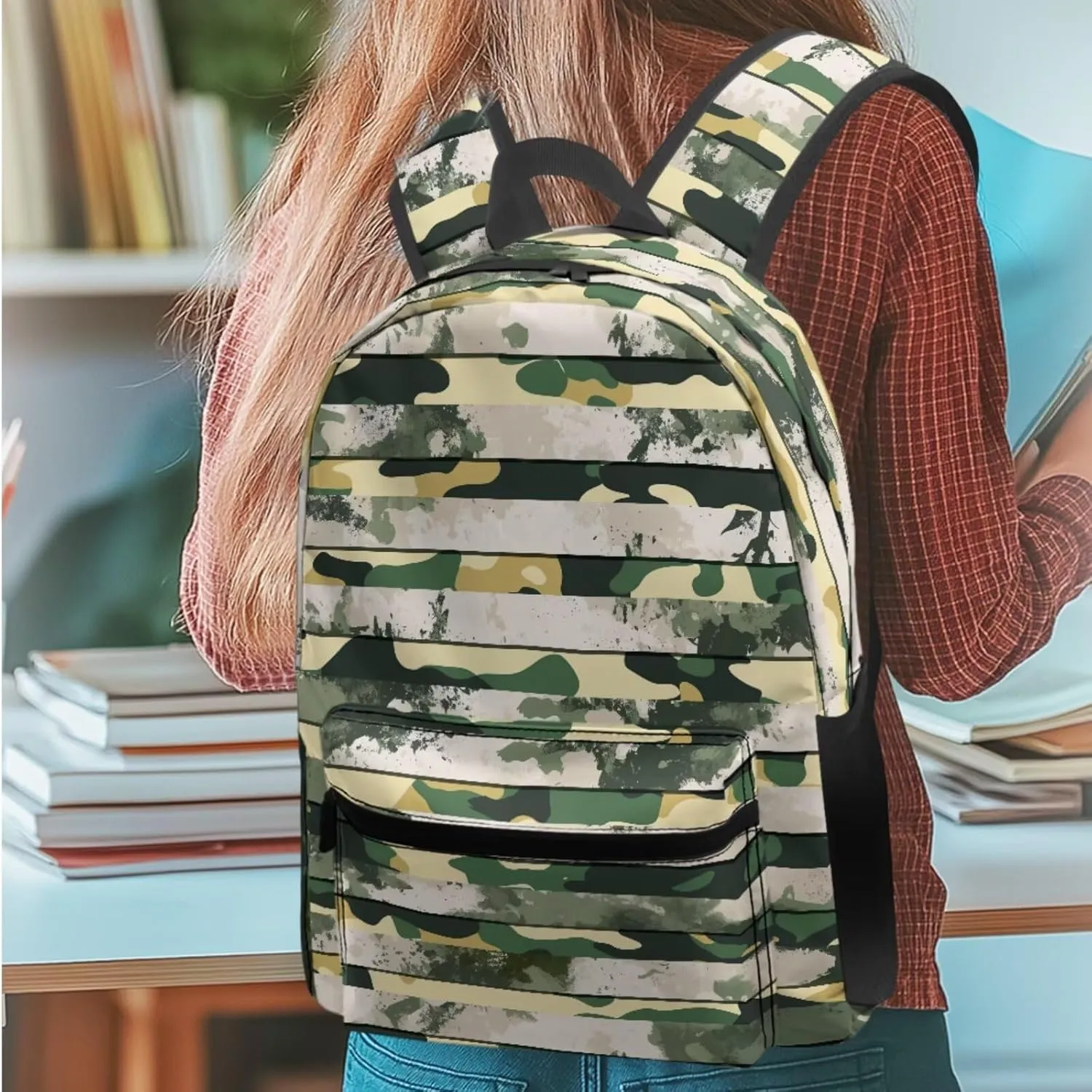 Agoviwo Camo Graphic Girls Backpack with Lunch Box Casual Bookbag Unique Backpack Set for Grades 1-3