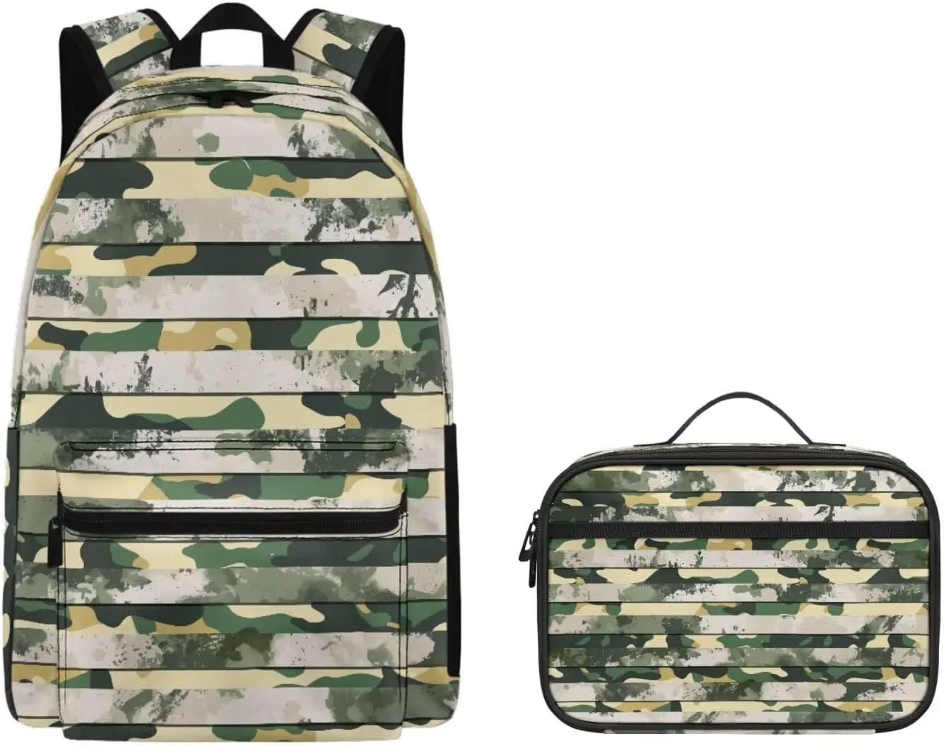 Agoviwo Camo Graphic Girls Backpack with Lunch Box Casual Bookbag Unique Backpack Set for Grades 1-3